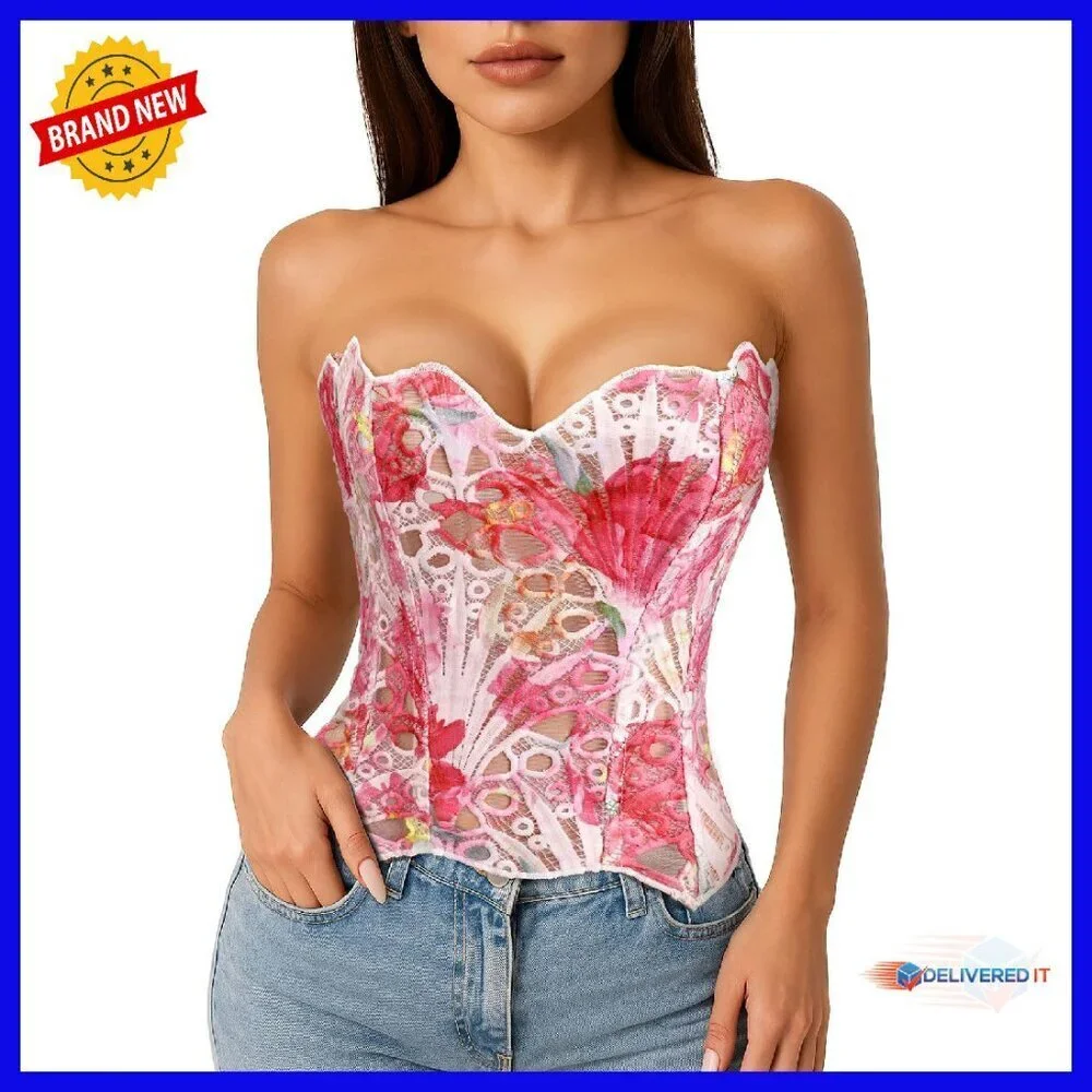 Sheer Floral Lace Corset Top with Boning, Adjustable Lace-Up Back